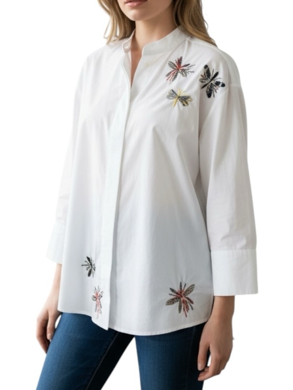 ZARA Jeweled Bug Blouse White Embroidered Oversized Smock Cotton Top Large NWT - Picture 1 of 10